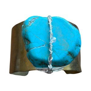 Limited Edition Handmade Hammered Brass&Turquoise Cuff Bracelet Signed by Artist